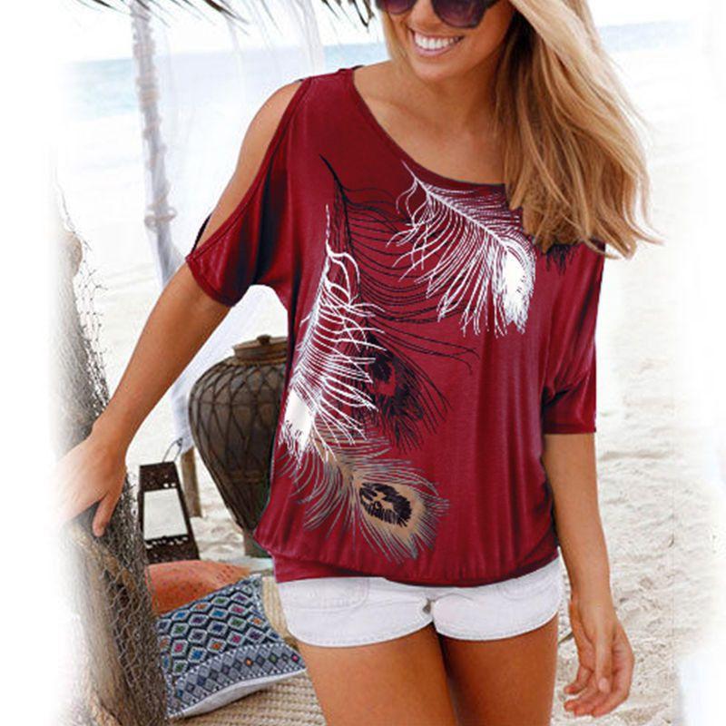 Summer Boho Women Cold Shoulder Feather Tshirt Blouse With Stylish Printing And Short Sleeve Design