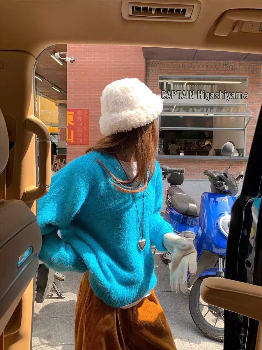 

Женский свитер свободного кроя с V-образным вырезом в корейском стиле: Универсальный и стройнящий трикотажный топ для осени/зимы One size (fits 80-130 kg) небесно-голубой