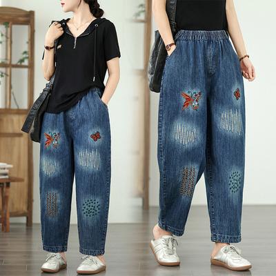 Mode Borduurwerk Hoge Taille Harembroek Dames Vintage Streetwear Jeans Broek Vrouwelijke Casual Zak Vrouw Jeans Broek 2025
