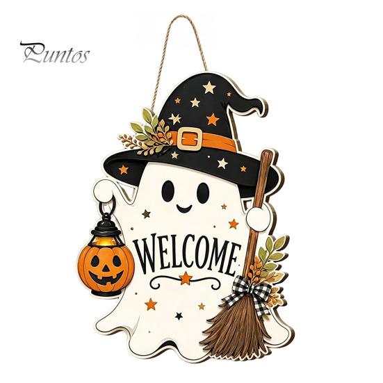 Seasonal Home Accents Halloween Wooden Ghost Welcome Sign for Front Door, Rustic Cartoon Hanging Trick or Treat Plaque with Pumpkin Wizard Hat