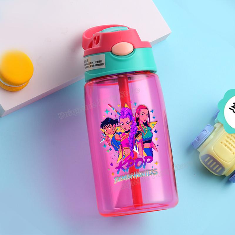KPop Demon Hunters Kids Water Bottle Outdoors Sport Zoey Mira Rumi Girl Straw Cup Portable Plastics Drink Bottle Birthday Gift