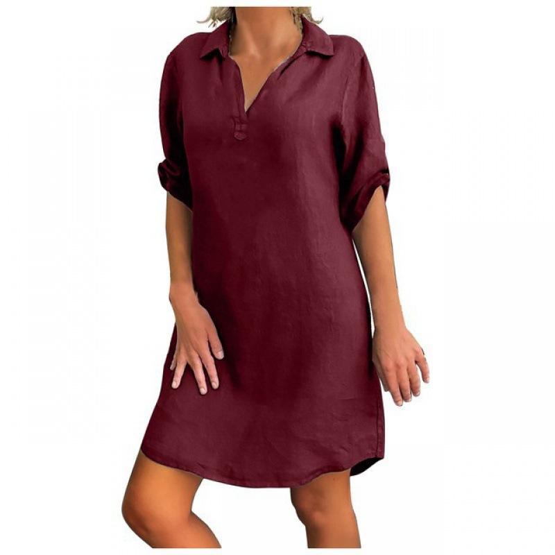 Cotton and Linen OL Blouse Dress Retro Casual Lapel Short-sleeved Loose Solid Mini Dress