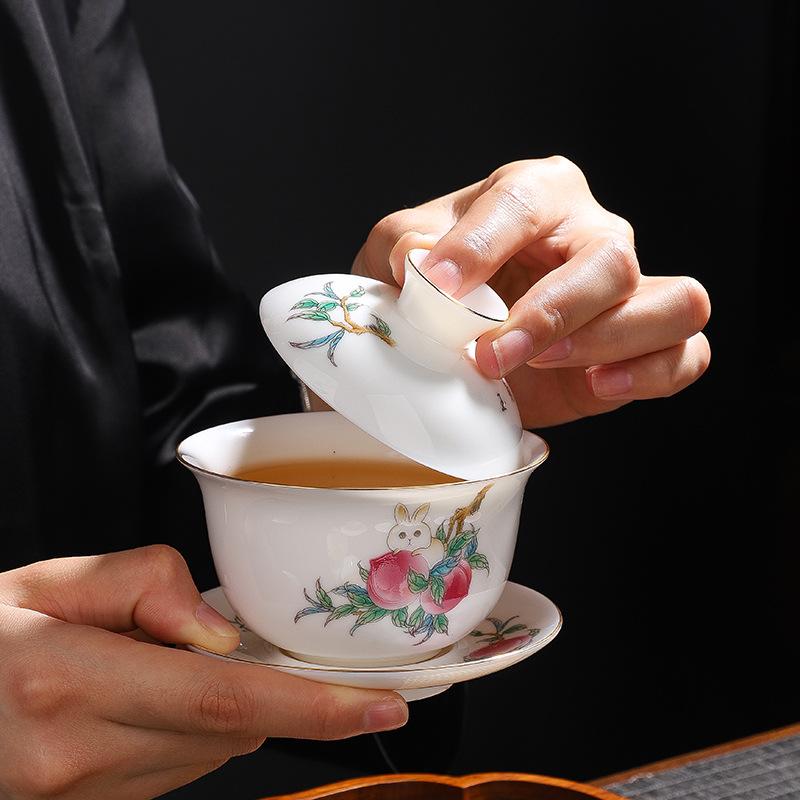 White porcelain cover bowl teacup gold-painted tea maker ceramic gift set suet jade kung fu tea set