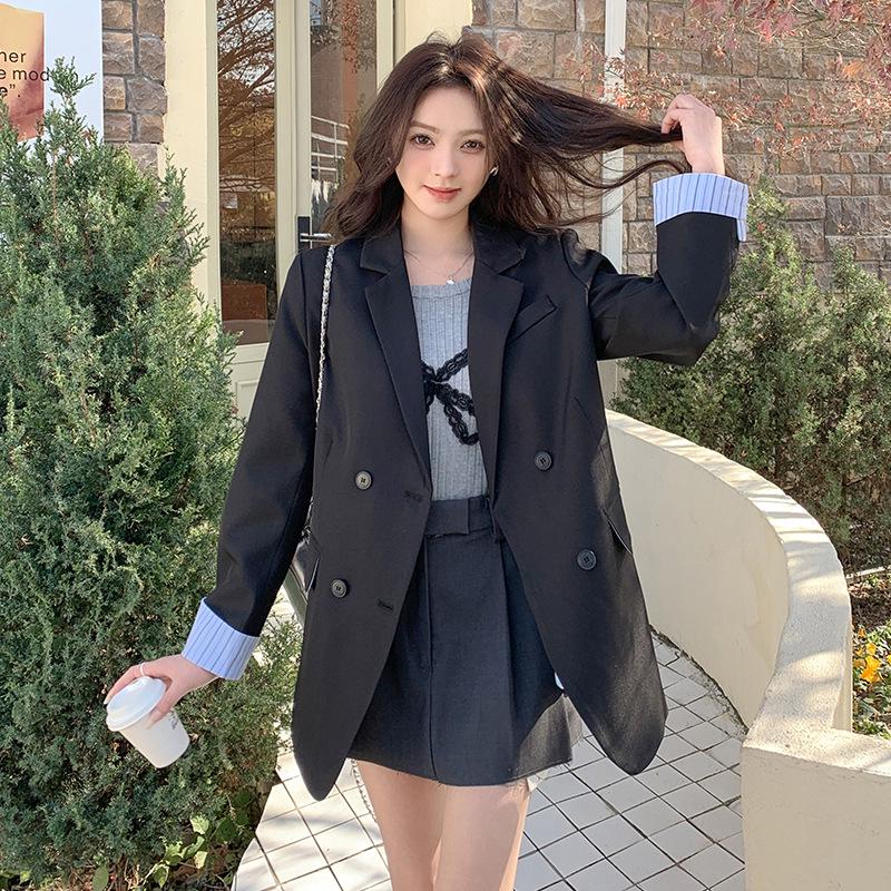 

Блейзер 2025 Полосатый Цветной блок Манжеты Свободный Пиджак AG2508 L 55-60 kg