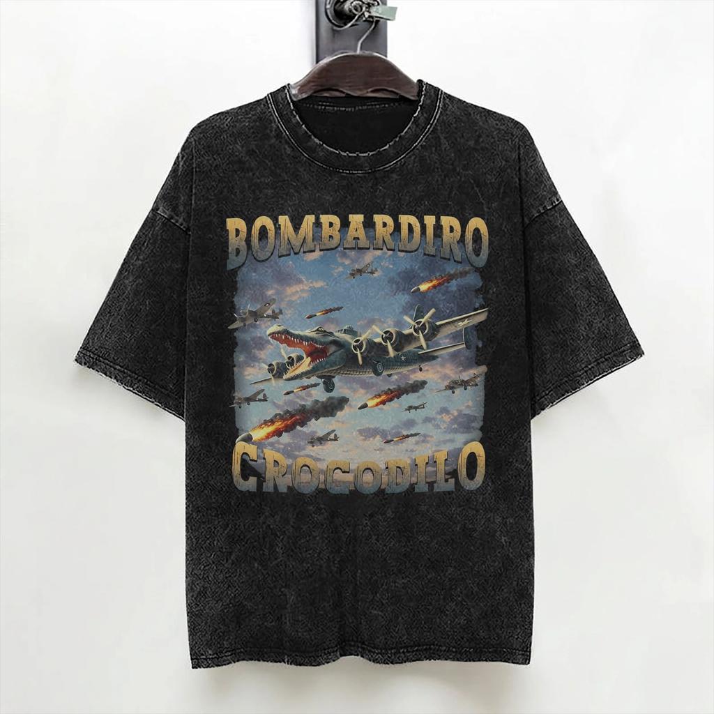 Bombardino Crocodilo Italian Brainrot Washed T Shirt Streetwear Hip Hop Casual Tshirt  Tees Men Women Short Sleeve Oversize