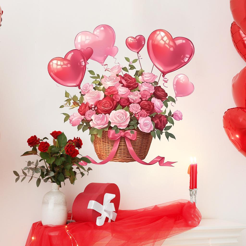 Romantic Heart Basket Floral Wall Sticker Self-Adhesive Removable for Bedroom Dorm Room Home Decor
