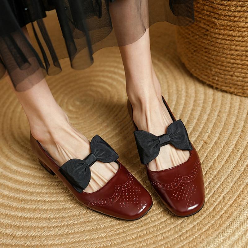 Fashion NEW Spring/Autumn Women Pumps Square Toe Chunky Heel Shoes Genuine Leather Shoes for Women Bow-knot Buckle Strap Mary Janes Shoe