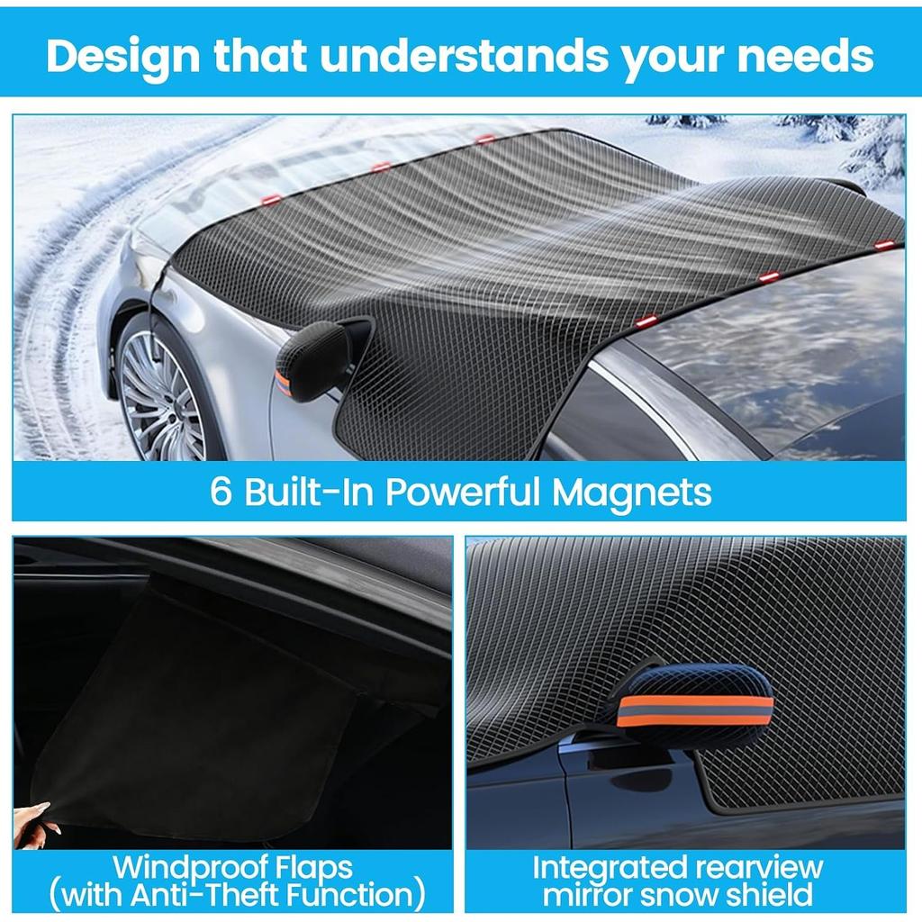 Car Windshield Cover for Ice and Snow - Automotive Windshield Snow Covers with Side Window & Rearview Mirror Protector, Winter Magnetic Car Anti-Snow