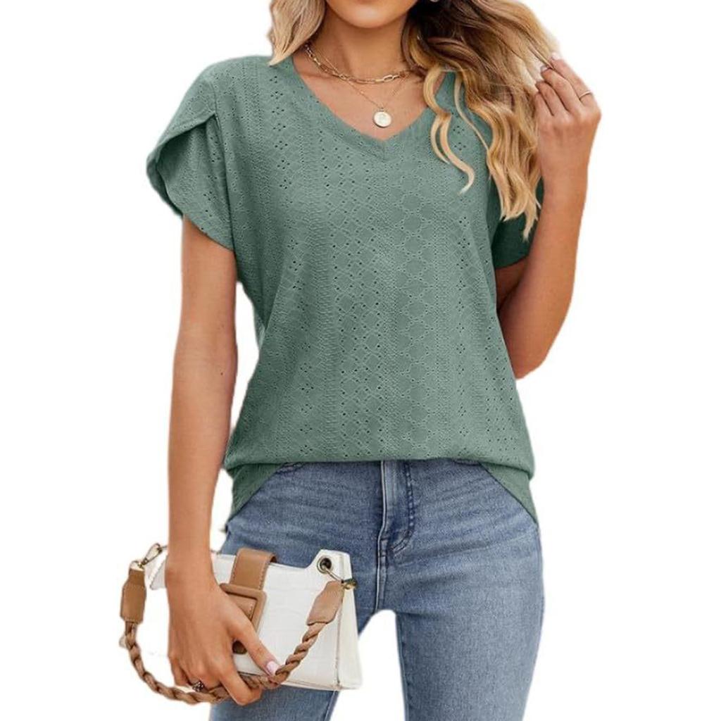 Women's Casual Fashion V,neck Color Hollow Short,sleeved T,shirt Top
