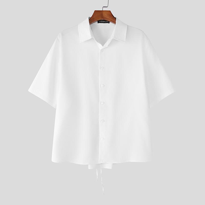 

INCERUN Men Lapel Neck Short Sleeve Back Lace-up Buttons Up Casual Shirts 4XL білий