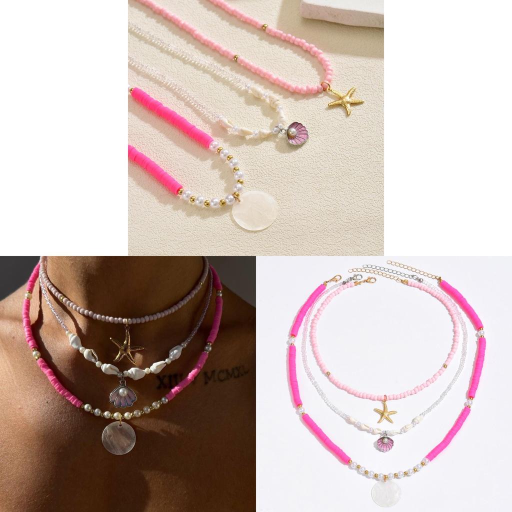 Soft Clay Layered Necklace With Shell Beads And Starfish For Women Summer Style
