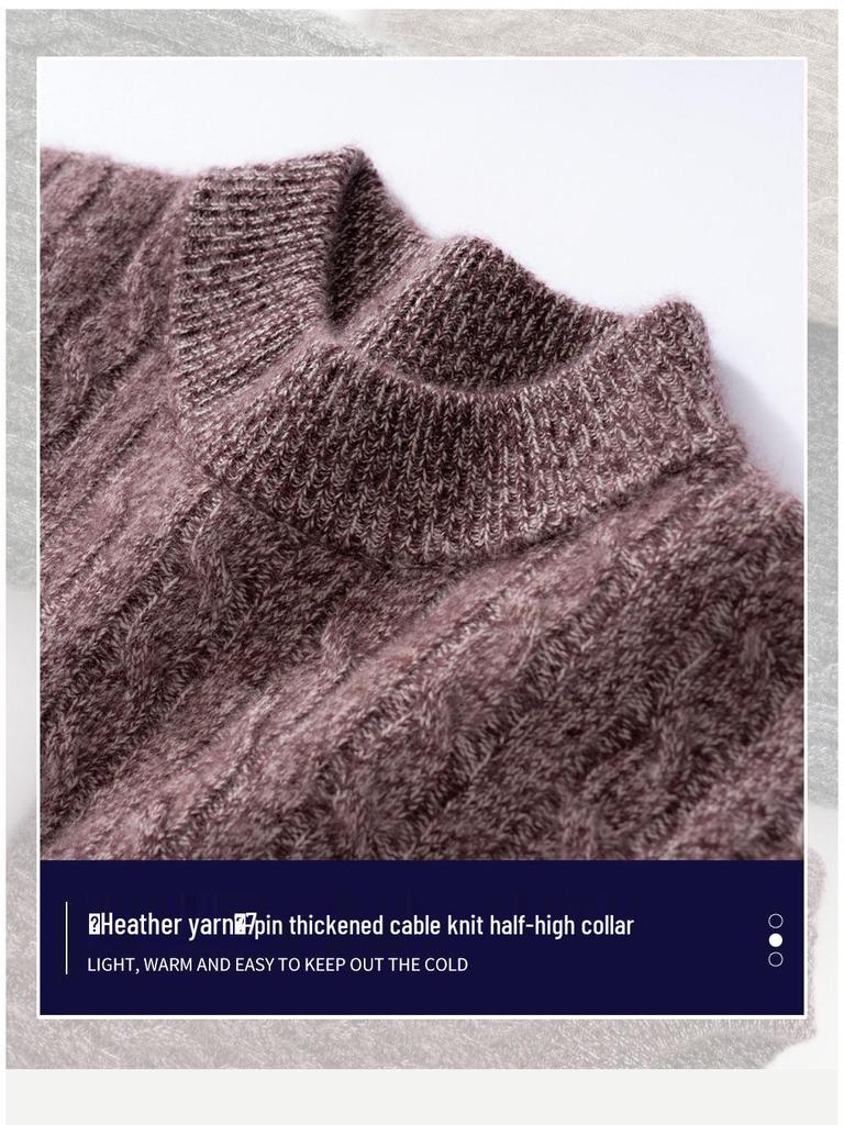 Men's Cashmere Yarn Half-High Collar Cable Knit Loose Casual Sweater - Thick, Warm, Long Sleeve for Winter