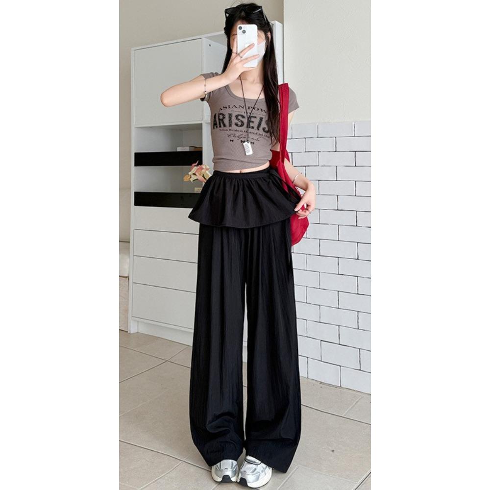 Women s High Waist Wide Leg Pants Loose Fit Daily Casual Ruffle Skirt Panel Spliced Straight Trousers S