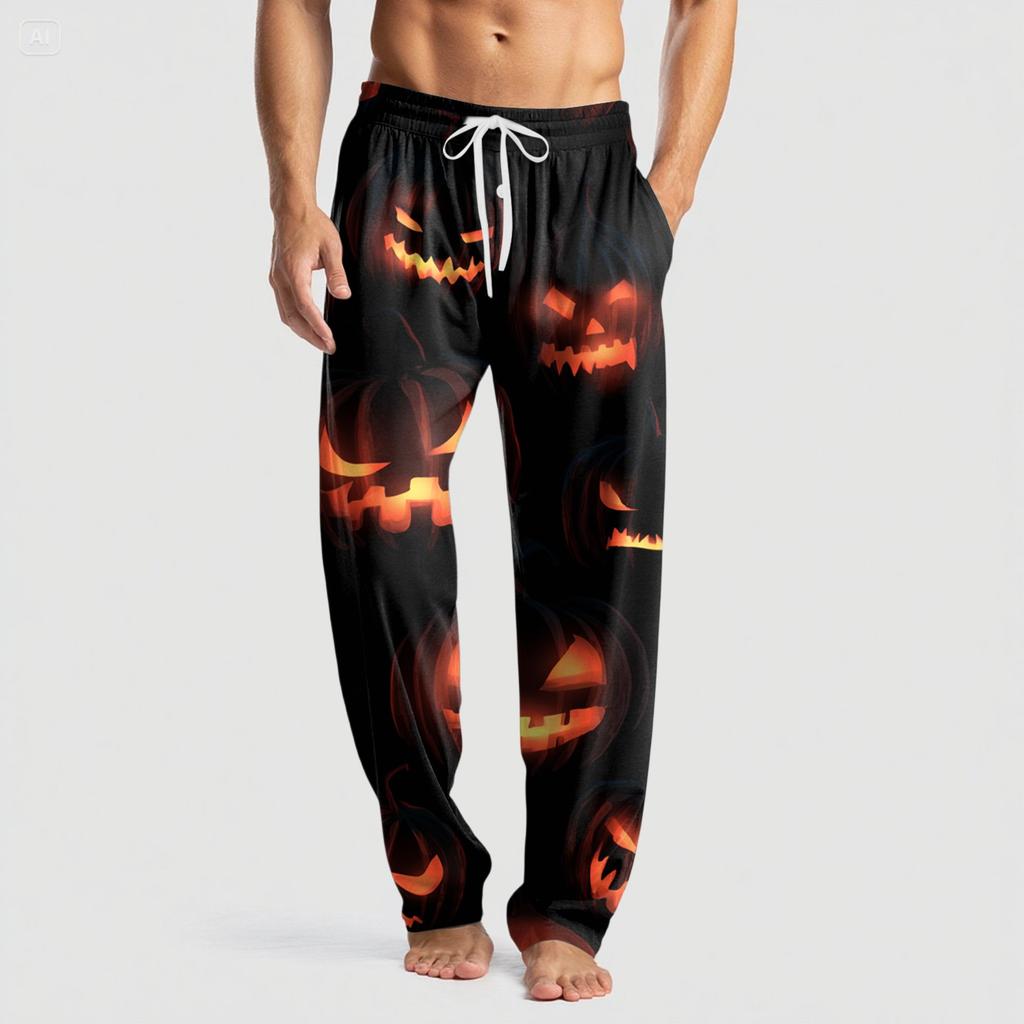 Men's Knitted Halloween Print Pocket Casual Pants Pajama Pants