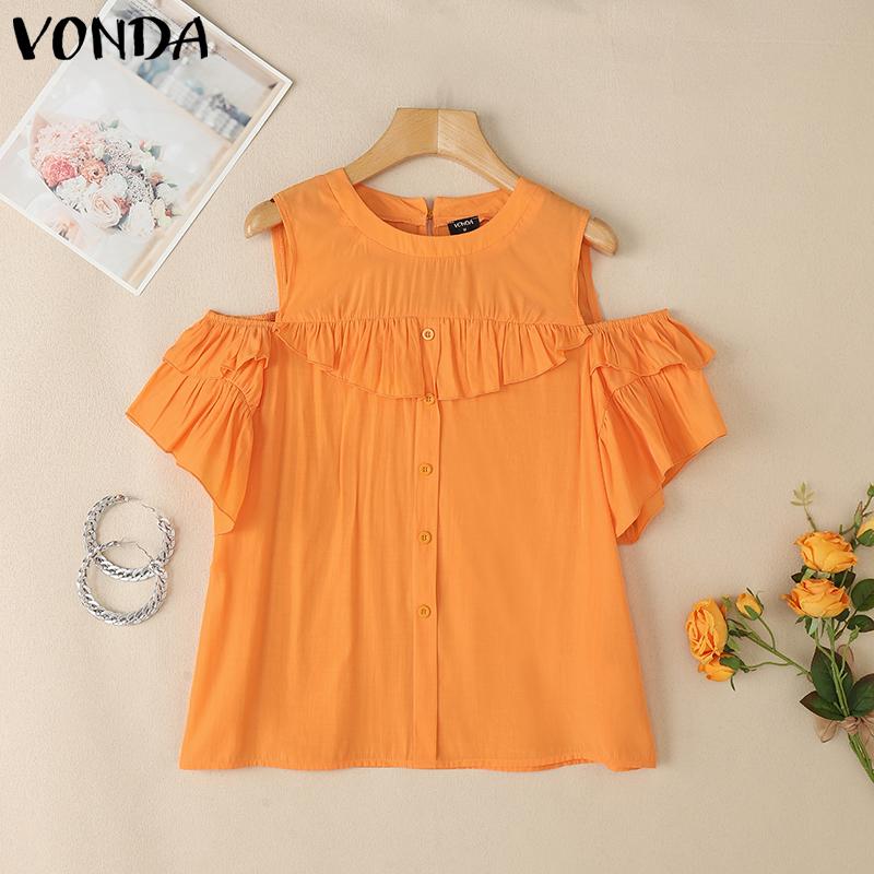 

VONDA Women Summer O-neck Cold Shoulder Ruffled Casual T-shirts 2XL оранжевый