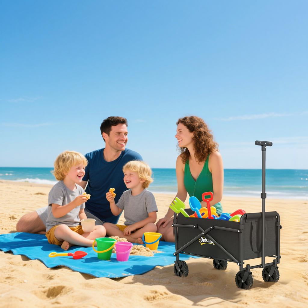 Wagon Foldable Hand Cart 360 degrees Garden Cart with Adjustable Handle Beach Cart up to 60 kg for Sport Shopping Black