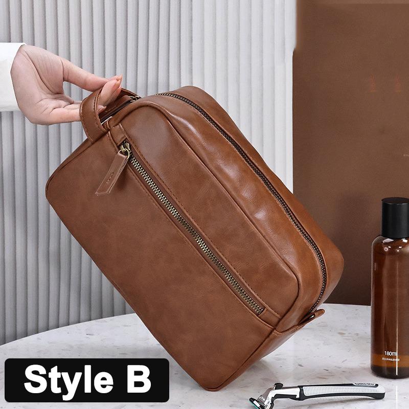 Portable Cosmetic Bag PU Leather Wash Bag Travel Business Trips Large Capacity Multi Pocket Design Handheld Leather Wash Bag