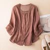 Spring Round Neck Ramie Loose Fitting Shirt Artistic Retro Versatile Casual Thin Top for Women Shirt
