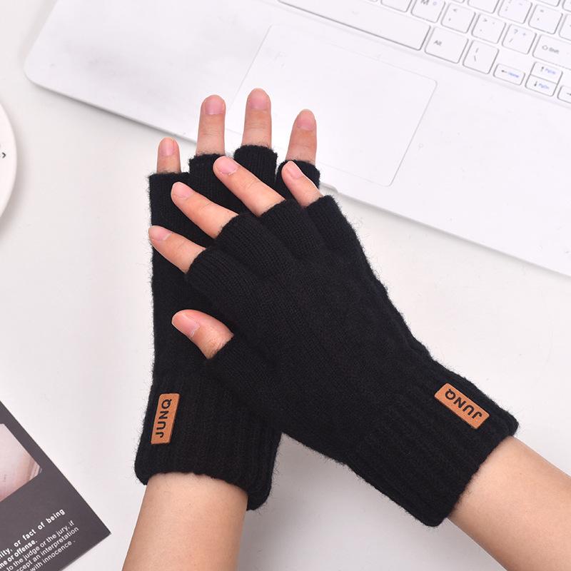 Men's Half-finger Thickened Thermal Gloves Knitted Leaking Fingers Office Student Brushed Imitation Cashmere Broken Finger Solid Color Gloves