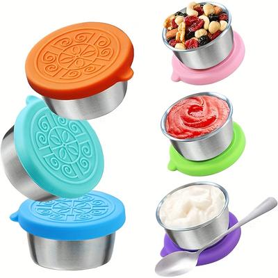 Recipientes reutilizables para aderezo de ensaladas (4, 6 y 8 unidades), de 50 g, con tapas de silicona a prueba de fugas y recipiente de acero inoxidable para condimentos.