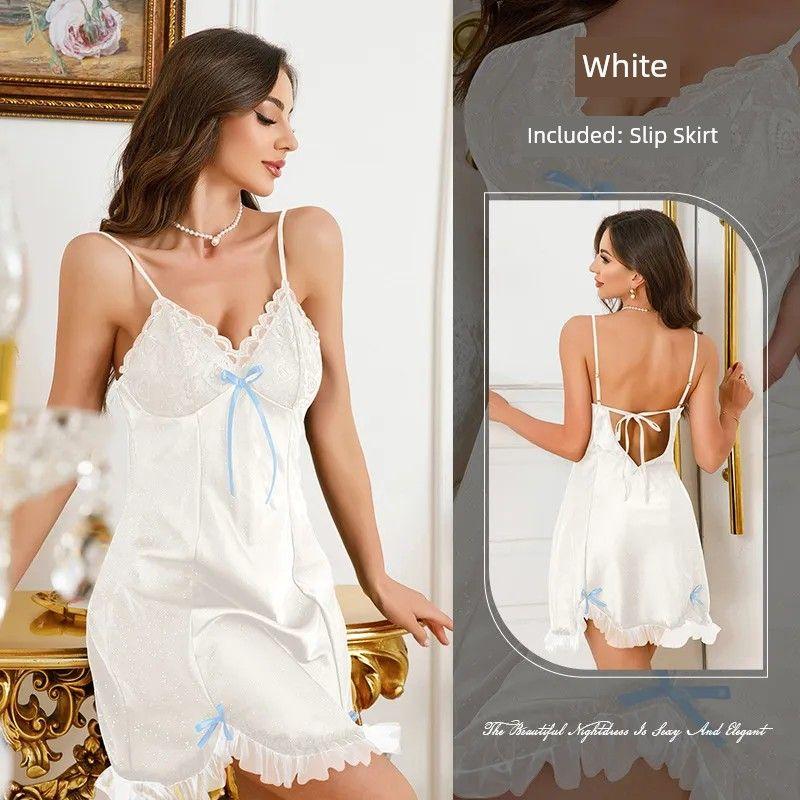 

2025 New Arrival Export Lace Slip Nightdress-Sexy Backless Slip Dress/Deep V Temptation Pure Desire Date Short Skirt White L