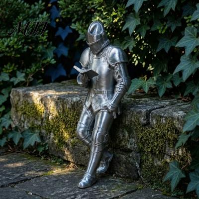 Knight Statue Gift for History Buffs Medieval Bookshelf Decor, Silver-Finished Armored Statue, Fantasy Home Miniature Warrior Sculpture Study