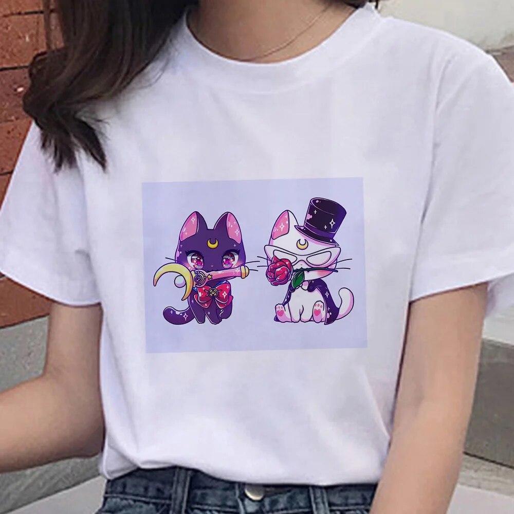 Cartoon Anime Sailor Graphic Moon Print 100 % Baumwolle T-Shirt Mode Goth Girl Kleidung Kurzarm Übergroßes Unisex Frauen T-Shirt Unisex