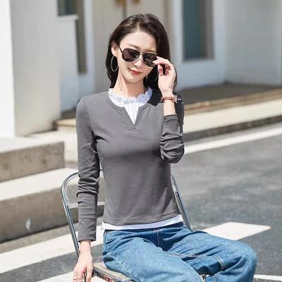 Women's Spring and Summer Tops Lace Collar Fake Two-Piece Super Sweet Slim Fit Cotton High Waist Fake Two-Piece Long Sleeve T-Shirt