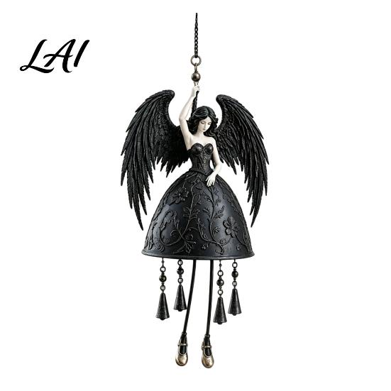 Gothic Style Windbell Dark Angel Wind Chime Winged Black Memorial Chime Hanging for Outdoor Garden Porch Patio Decor