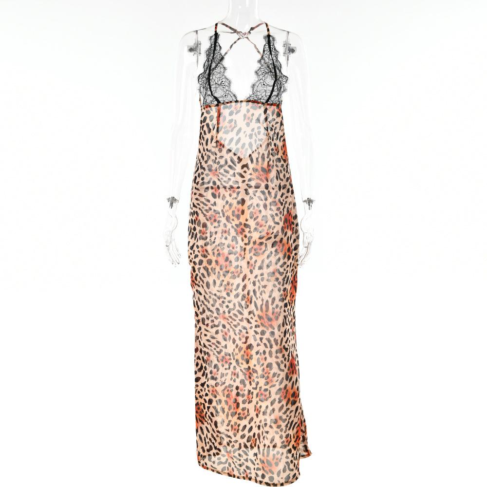 Early spring new European and American Spice Girls perspective backless dress, sexy deep V lace splicing printed suspender dress for women