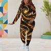 Women Plus Size Round Neck Long Sleeve Red Black Printed Fitted Pants Two Piece Set