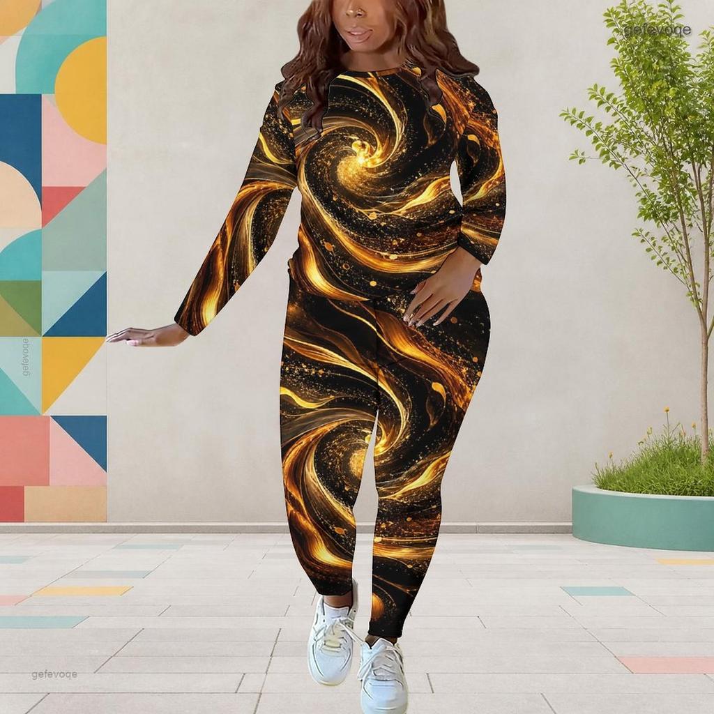 Women Plus Size Round Neck Long Sleeve Red Black Printed Fitted Pants Two Piece Set