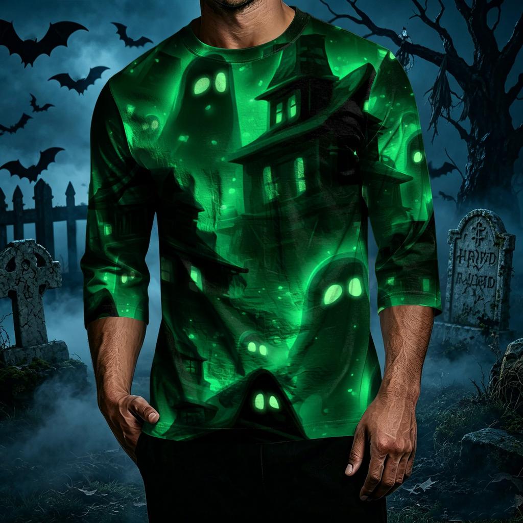 Men's Casual Halloween Printed Crew Neck T-Shirt Three Quarter Sleeve Top Lightweight Comfortable Fit for Everyday Wear