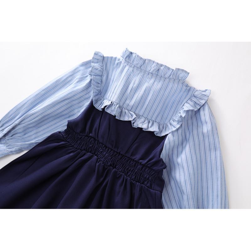 Girls' College Style Dress Autumn New Baby Girl Fake Two-Piece Korean Style Striped Color-Block Long Sleeve Dress