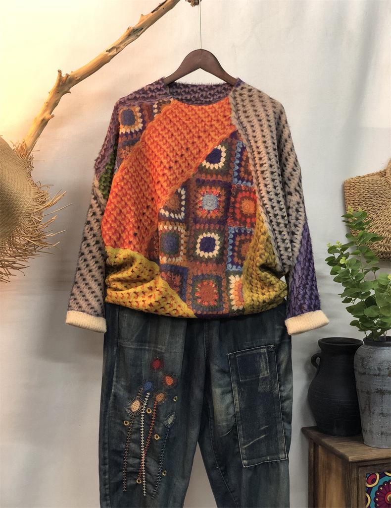Autumn Winter Knit Loose Casual Long Sleeve Sweater with New Print Pattern