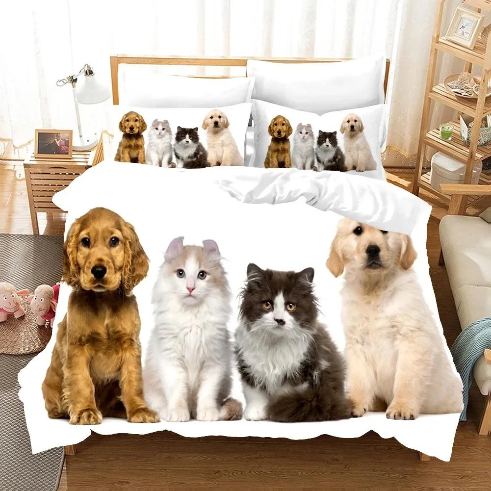 3D Dog And Cat Comfortable Duvet Quilt Cover Pillowcase Bedding Set Children Bedroom Decoration Home Textile