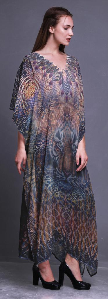 Phagun Tiger Face Animal Beach Kaftan Bikini Cover Up Womena    S Maxi Dress Long