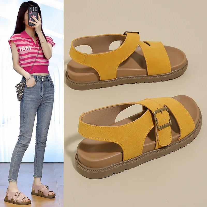 Women Sandals Summer New Solid Color Open Toe Flat Casual Slippers Buckle Outdoors Beach Sandals Sandalias De Mujer