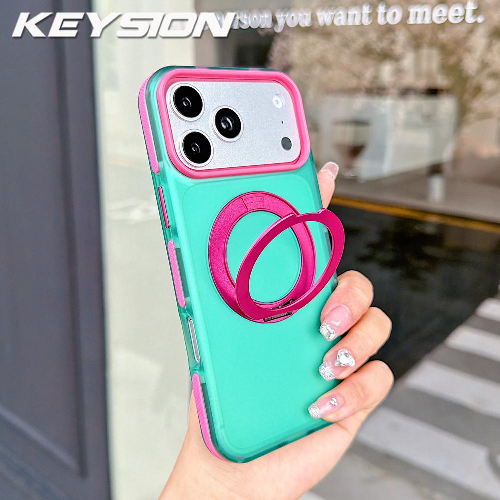 KEYSION Color blocking Magnetic 360°Ring Stand Case for MagSafe for iPhone 14 15 16 17 Pro Max Matte Shockproof Phone Back Cover