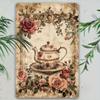 Vintage Kettle with Roses Metal Wall Poster for Country Kitchen