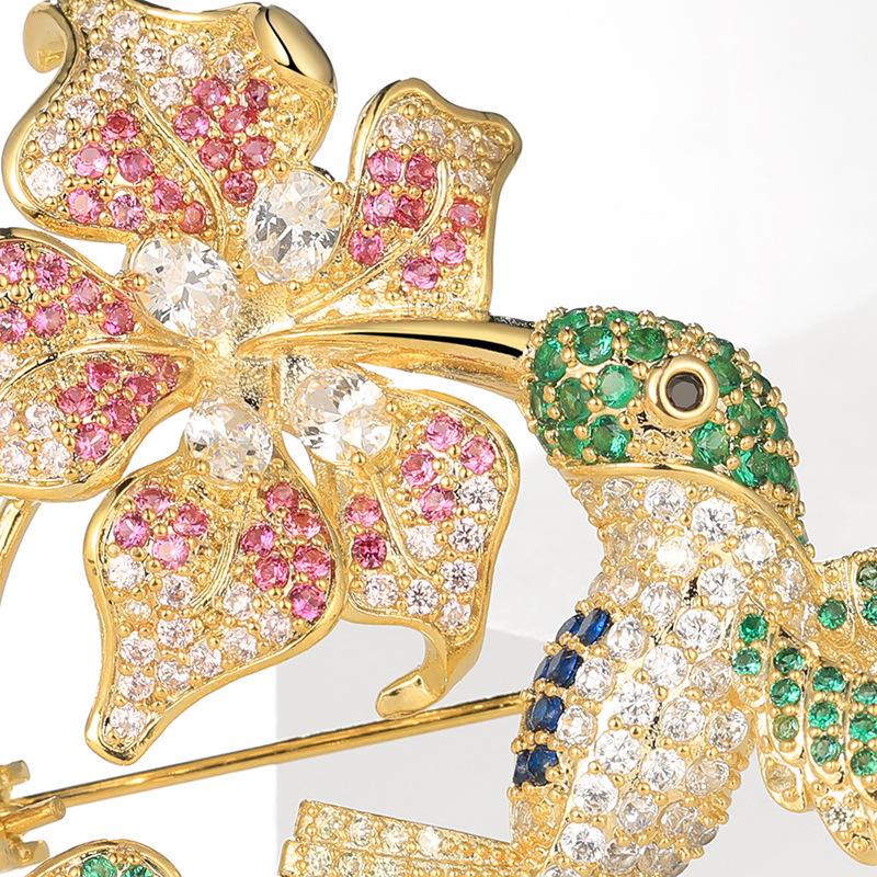 Bo Xin Yun Bird Brooch with Zircon, Freshwater Pearl, Agate, and Flower Design