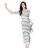 Women's French-Style Striped Color-Block Knit Dress, Waist-Cinched Slimming Midi