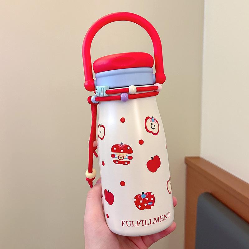 Large Capacity High Value Cartoon Thermos Cup, Girls Portable Double Drink Straw Kettle, Student Strap Cup
