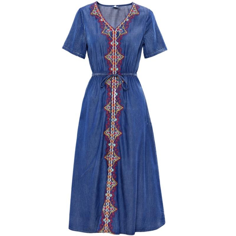Johnature Femeie Moda de primavara stil chinezesc rochie cu decolteu in V broderie vintage cu maneci scurte rochie casual