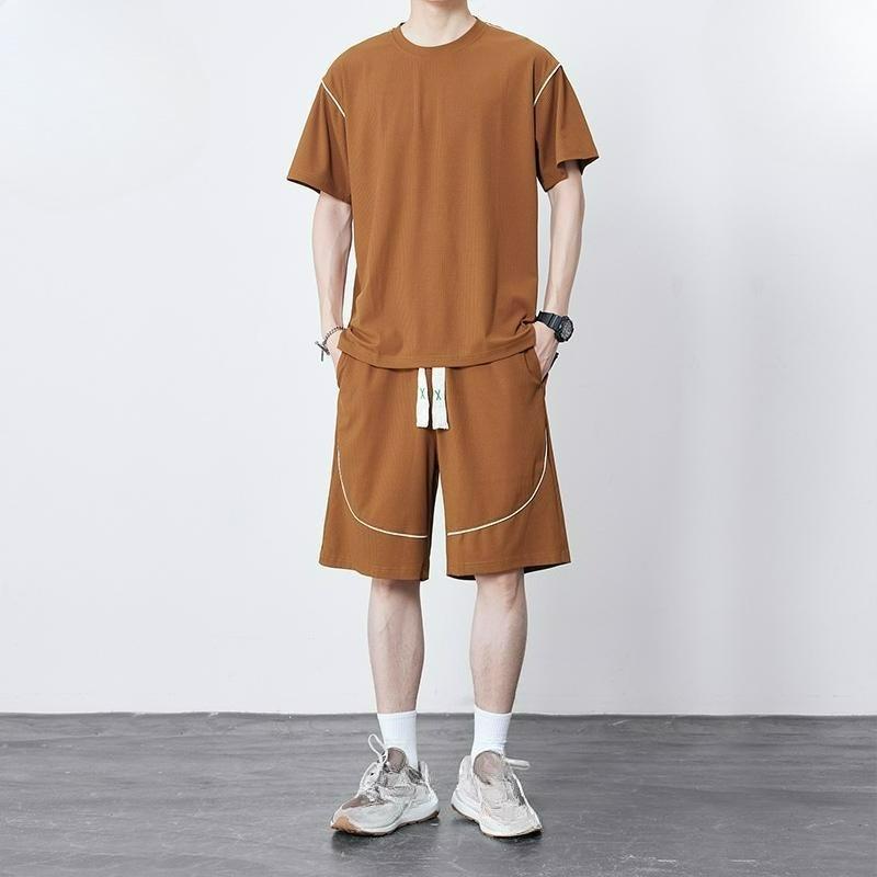 Summer Design Ice Silk Suit Men's Round Neck Loose Short-sleeved Shorts Two-piece Suit