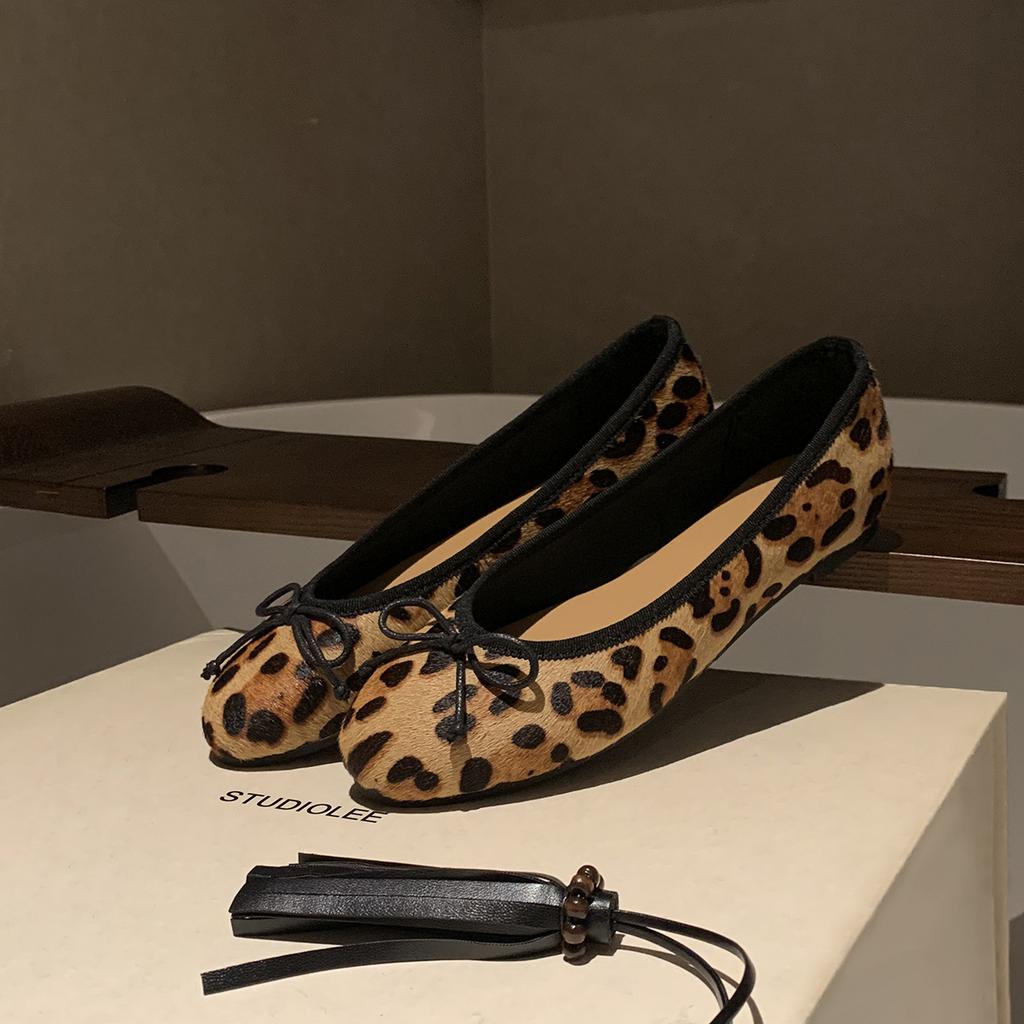 Sheepskin Version~ Grape Mother Same Leather Classic Round Head Bow Leopard Print Single Shoes Women's Shallow Mouth Ballet Flats