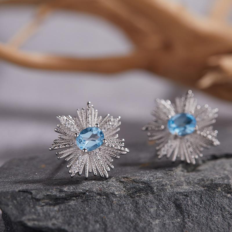 S925 Sterling Silver Colored Treasure Natural Garnet Tanzanite Topaz Earrings Female Niche Snowflake Design