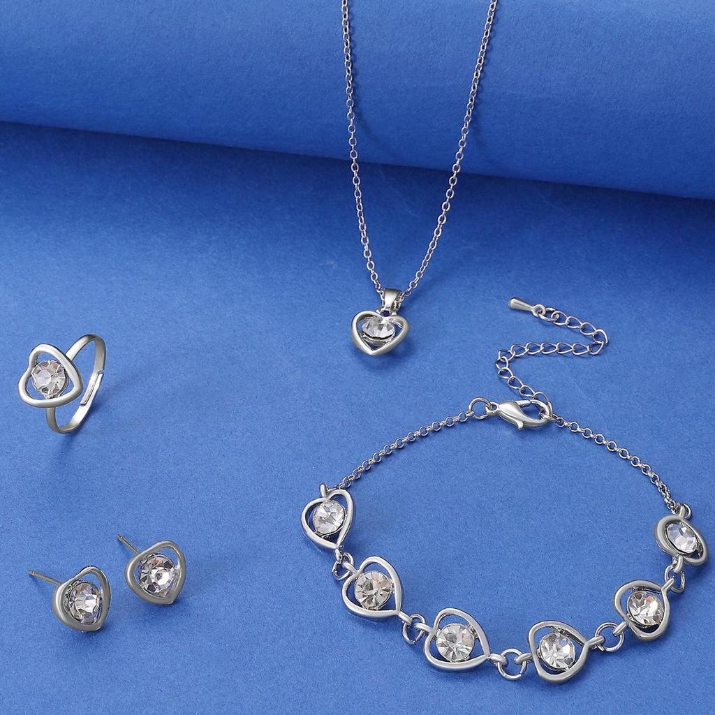 Women's Crystal Heart Jewelry Set: Necklace, Earrings, Ring, and Bracelet