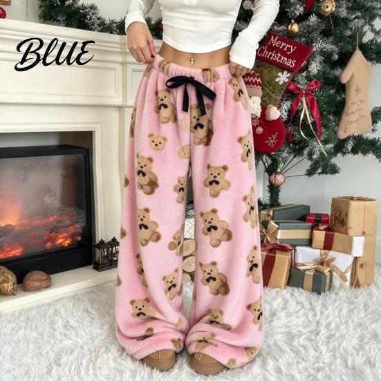 Bear Print Pajamas Women Plush Sleeping Pants Wide Leg Pajama Bottoms Pants Thickened Warm Lounge for Autumn Winter Home Wear Bottoms