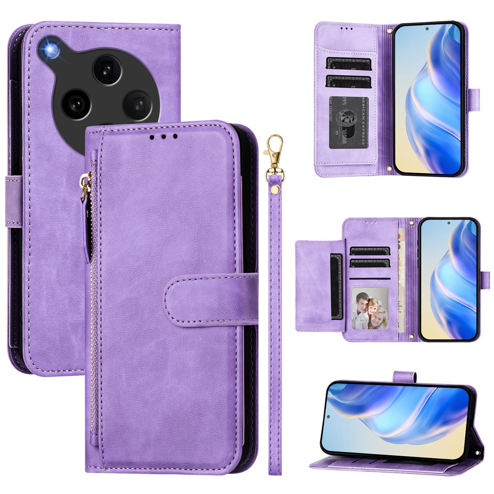 

For Oppo Find X8 Ultra 5G Case Zipper Pocket Multiple Card Slots Leather Phone Cover Purple